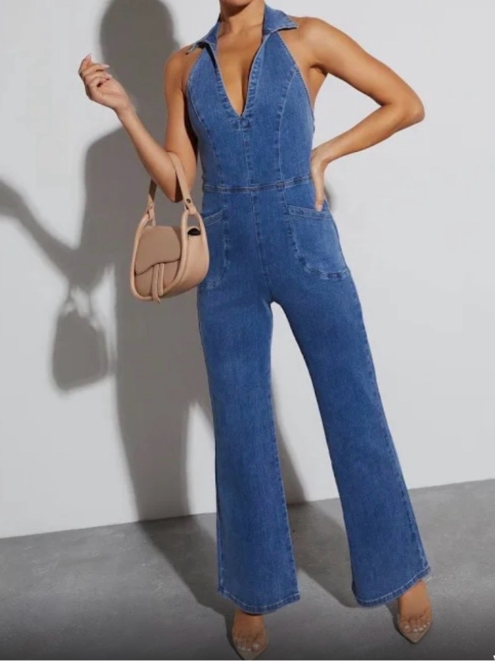 Denim Halter Jumpsuit Jeans - Blue